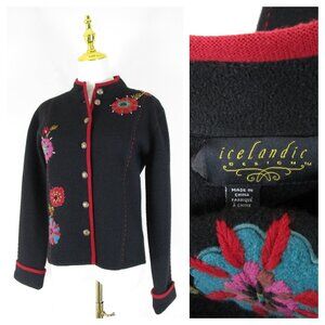 Icelandic Design Womens Black Red Floral Knit Boiled Wool Cardigan Sweater M